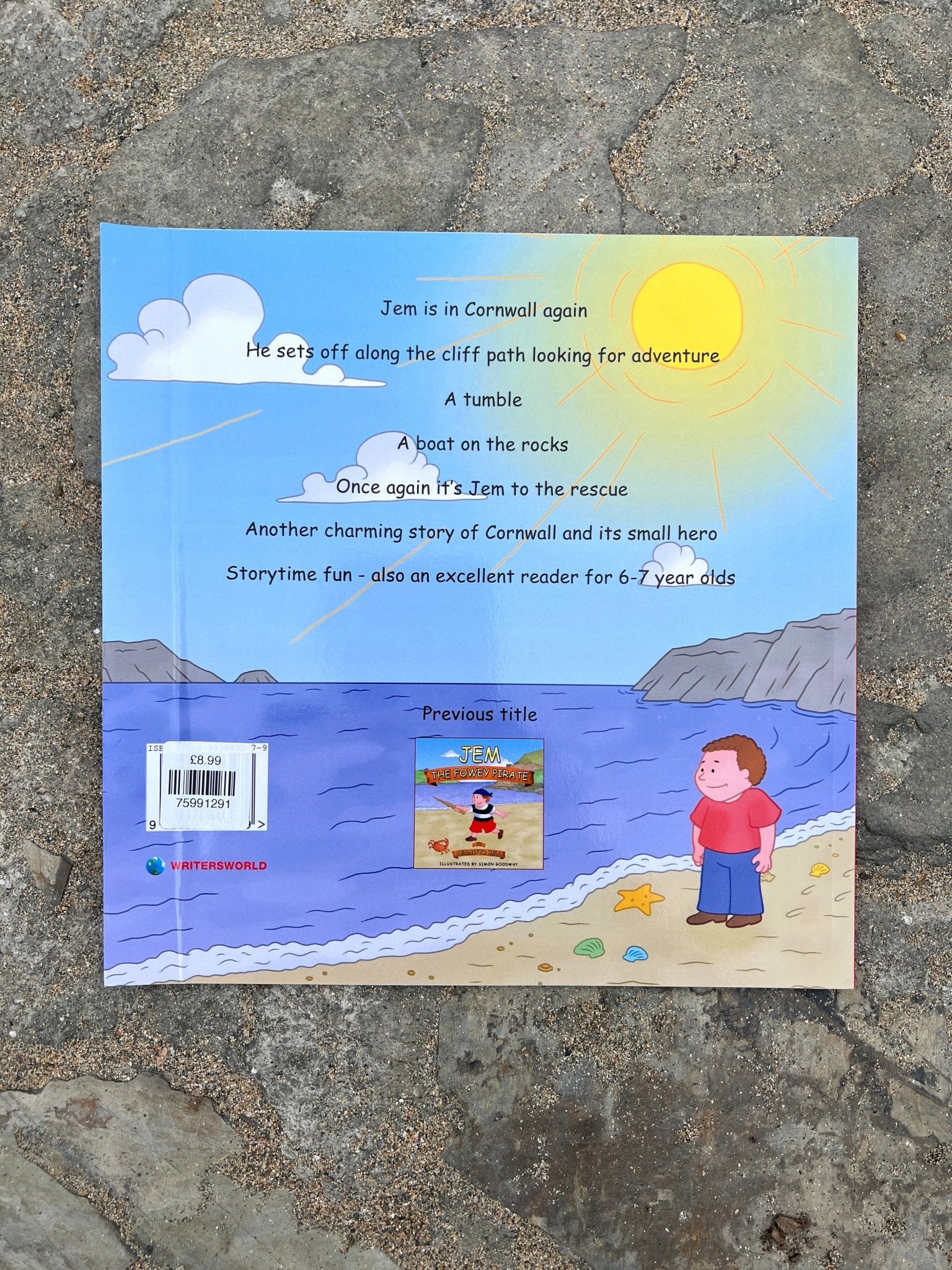 Jem’s Clifftop Adventure back cover—beach-themed kids’ book with Cornwall setting, ideal for early readers