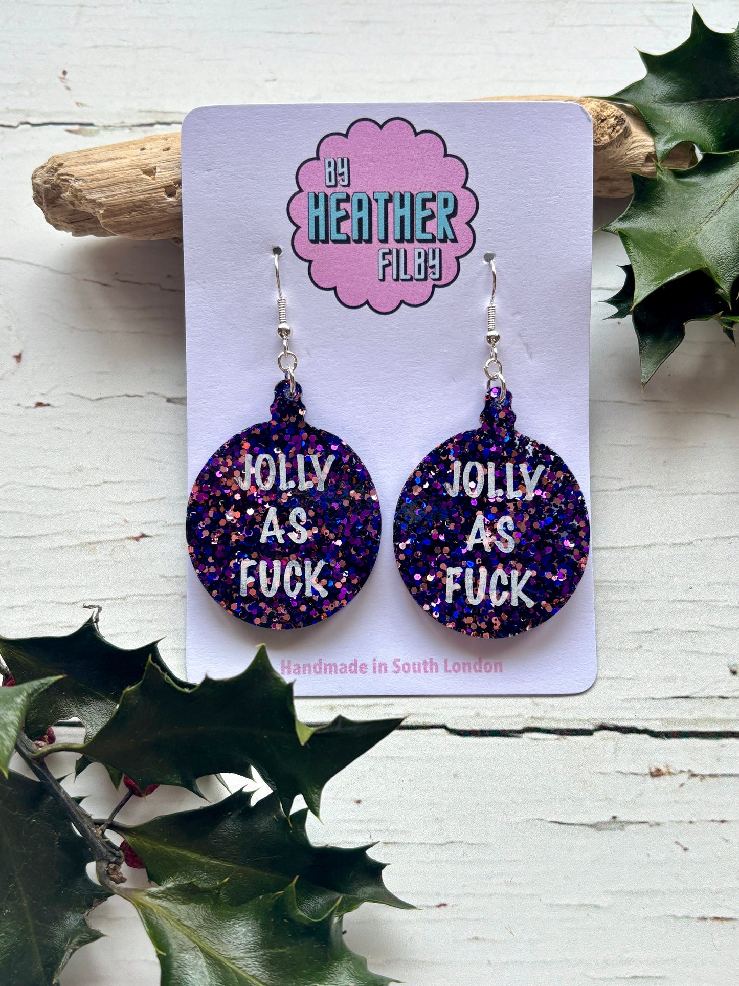 glitter resin Christmas bauble earrings purple holiday statement jewelry with funny explicit text handmade novelty gift