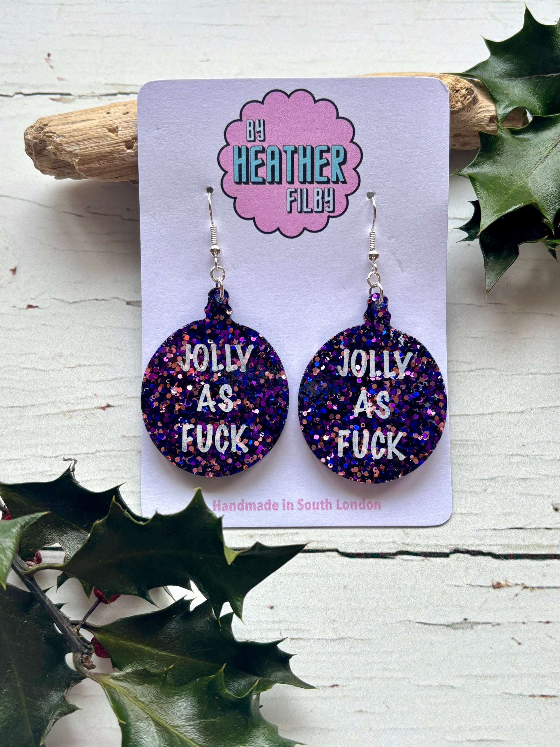 glitter resin Christmas bauble earrings purple holiday statement jewelry with funny explicit text handmade novelty gift