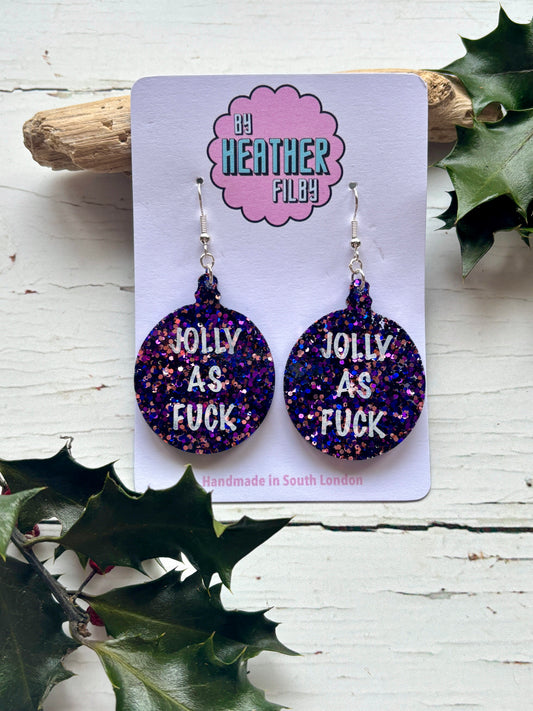 glitter resin Christmas bauble earrings purple holiday statement jewelry with funny explicit text handmade novelty gift