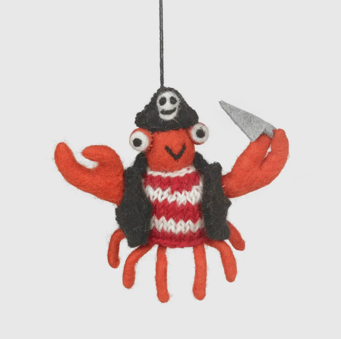 handmade felt pirate crab ornament—nautical hanging decor with sword, skull hat, and coastal charm