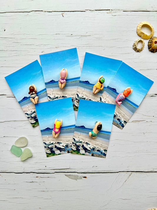 jolly swimmers brooch—handmade beach-themed badge with sculpted sunbathers, coastal art gift, seaside fashion pin