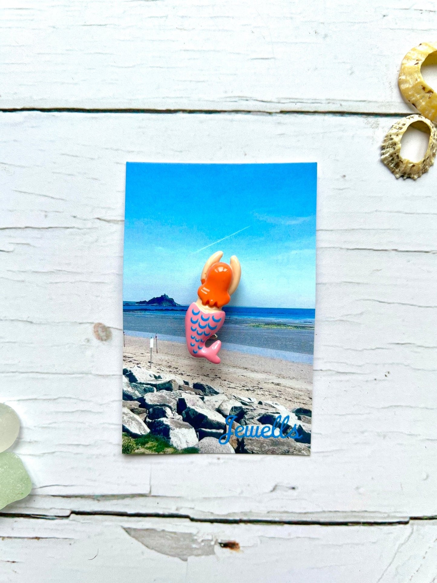 mermaid tail brooch—handcrafted beach-themed badge with playful coastal charm, perfect seaside-inspired gift