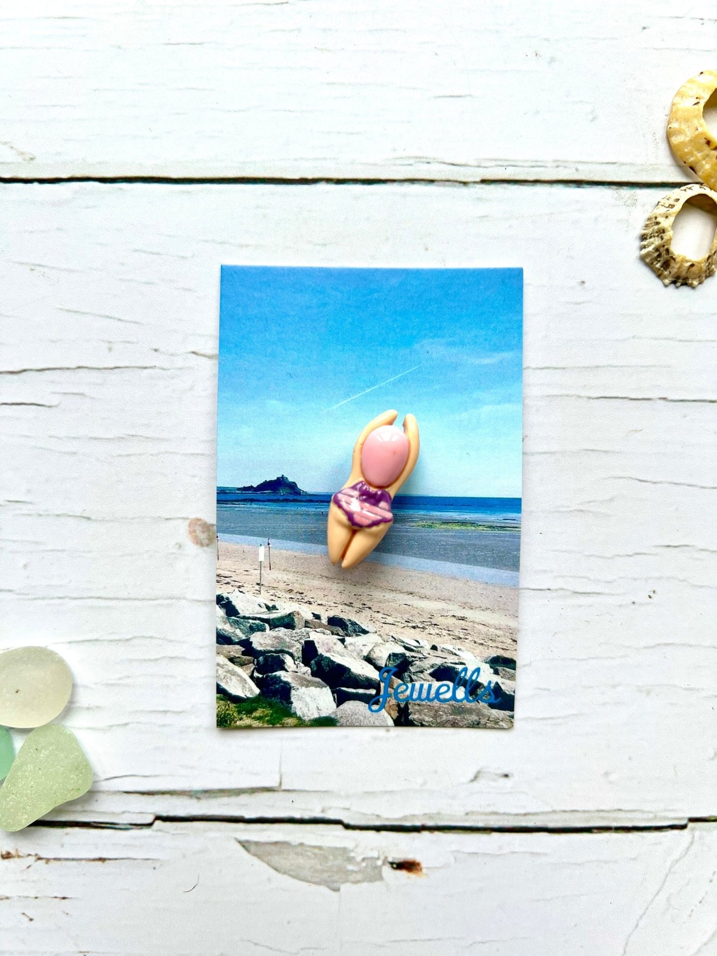 jolly swimmers brooch—handmade beach badge with pink hair diver, quirky coastal pin for summer fashion lovers