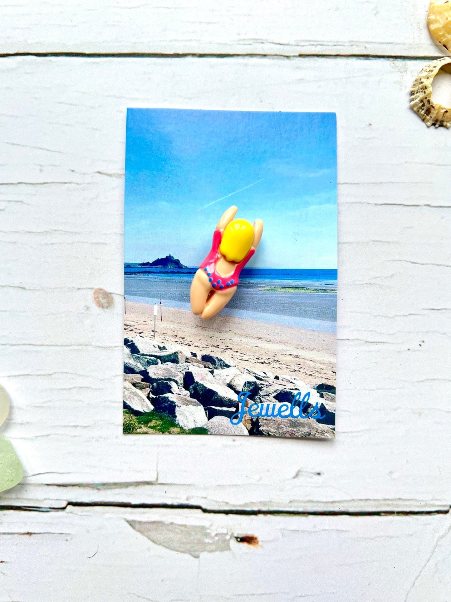 jolly swimmers brooch—handcrafted beach pin with pink spotted swimsuit, fun coastal accessory for summer lovers