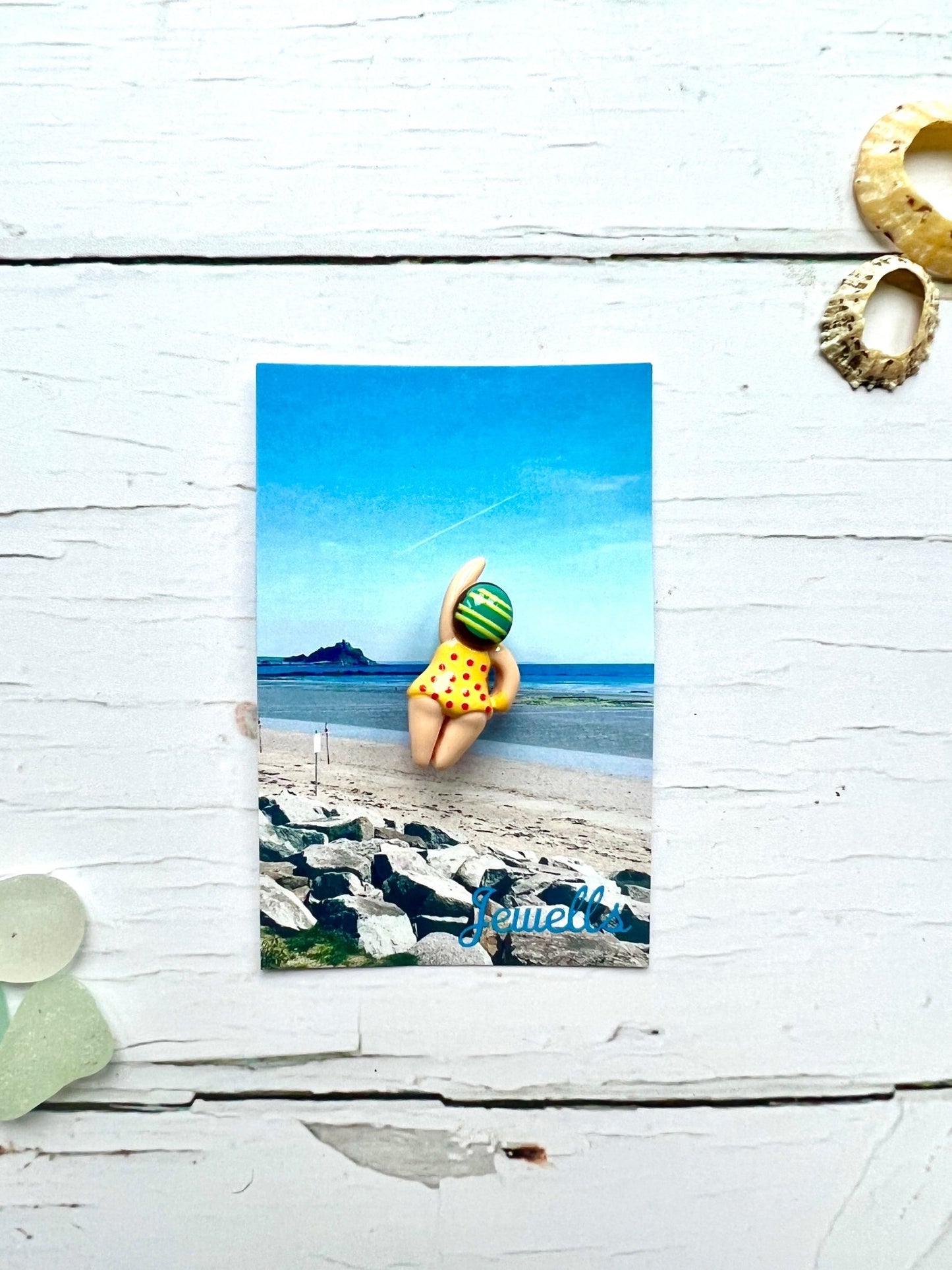 jolly swimmers brooch—handmade beach badge with yellow polka-dot swimsuit, quirky coastal pin for summer style