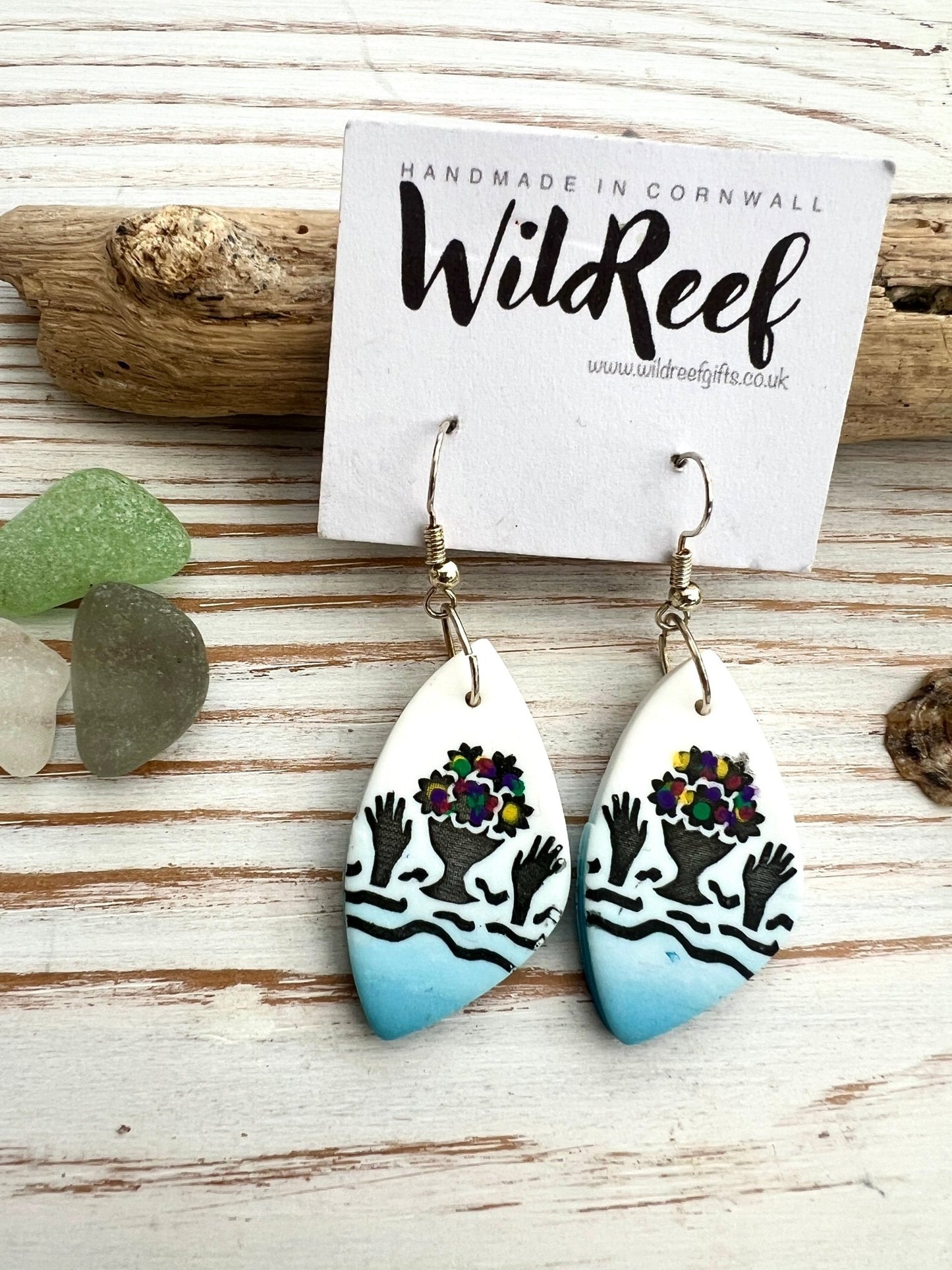 joyful swims hook earrings handmade polymer clay drops with a sea swimmer/bouquet design asymmetric coastal jewelry, wildReef Cornwall souvenir