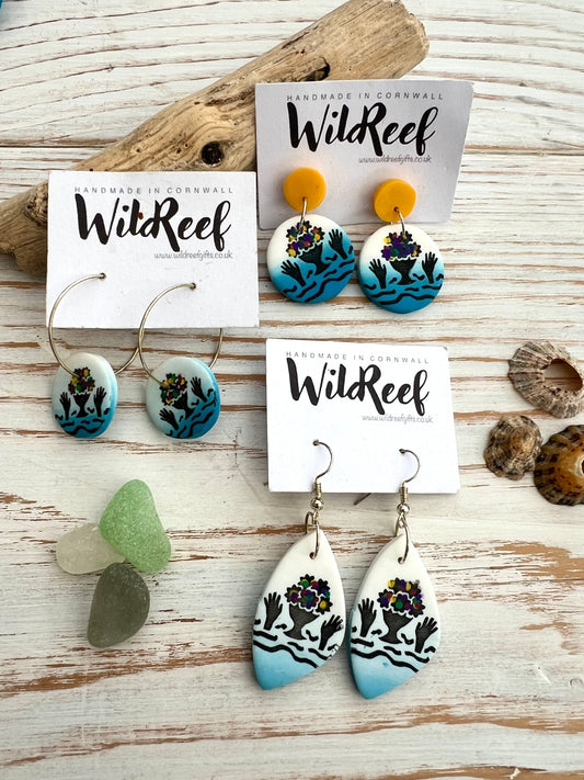 joyful swims earrings handmade polymer clay jewelry with sea swimming silhouette design coastal, artistic drop earrings and hoop earrings, Cornwall gift