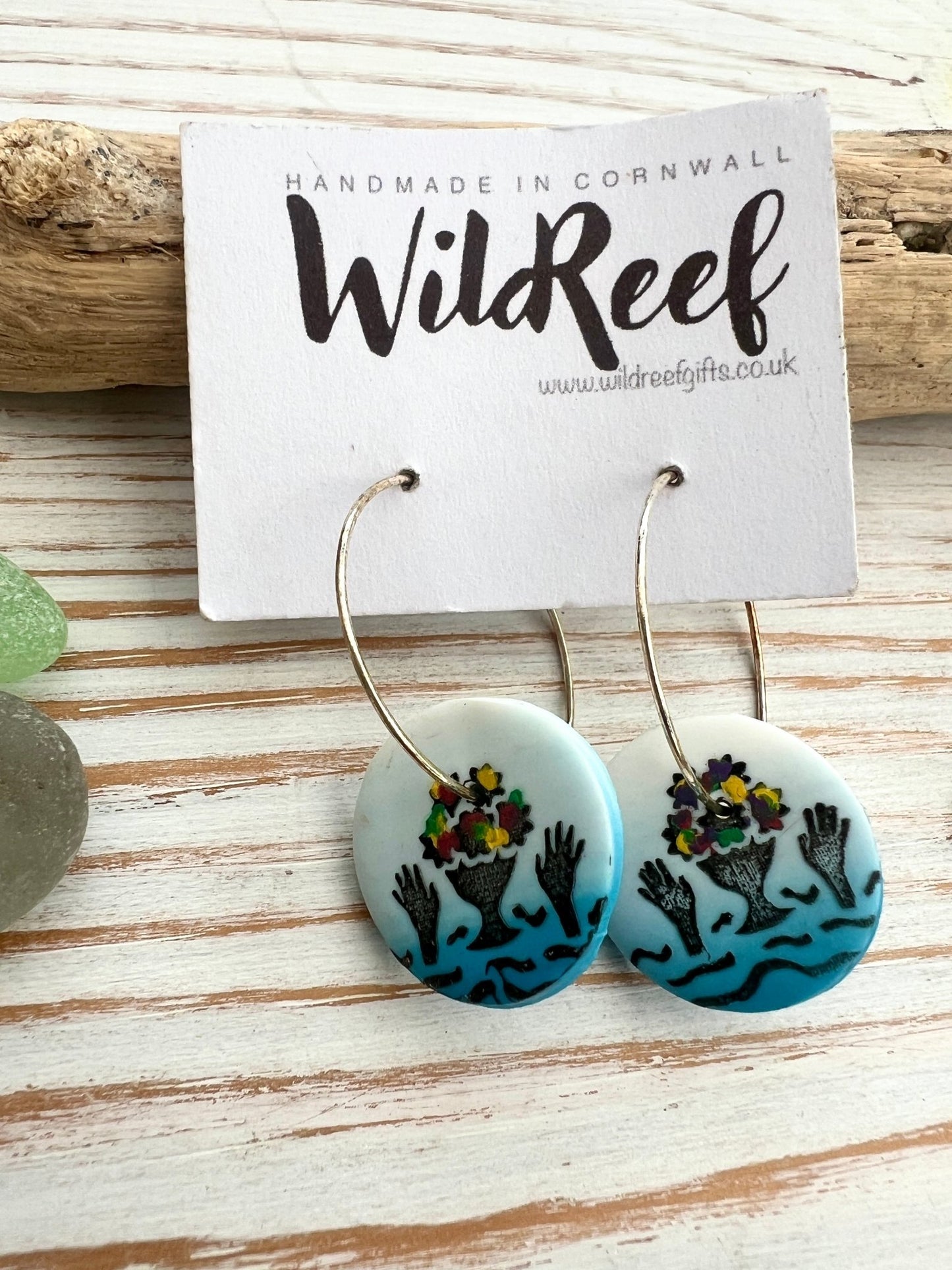joyful swims earrings polymer clay hoop earrings with a sea swimmer/bouquet design handmade in Cornwall, coastal jewelry, wildReef gifts