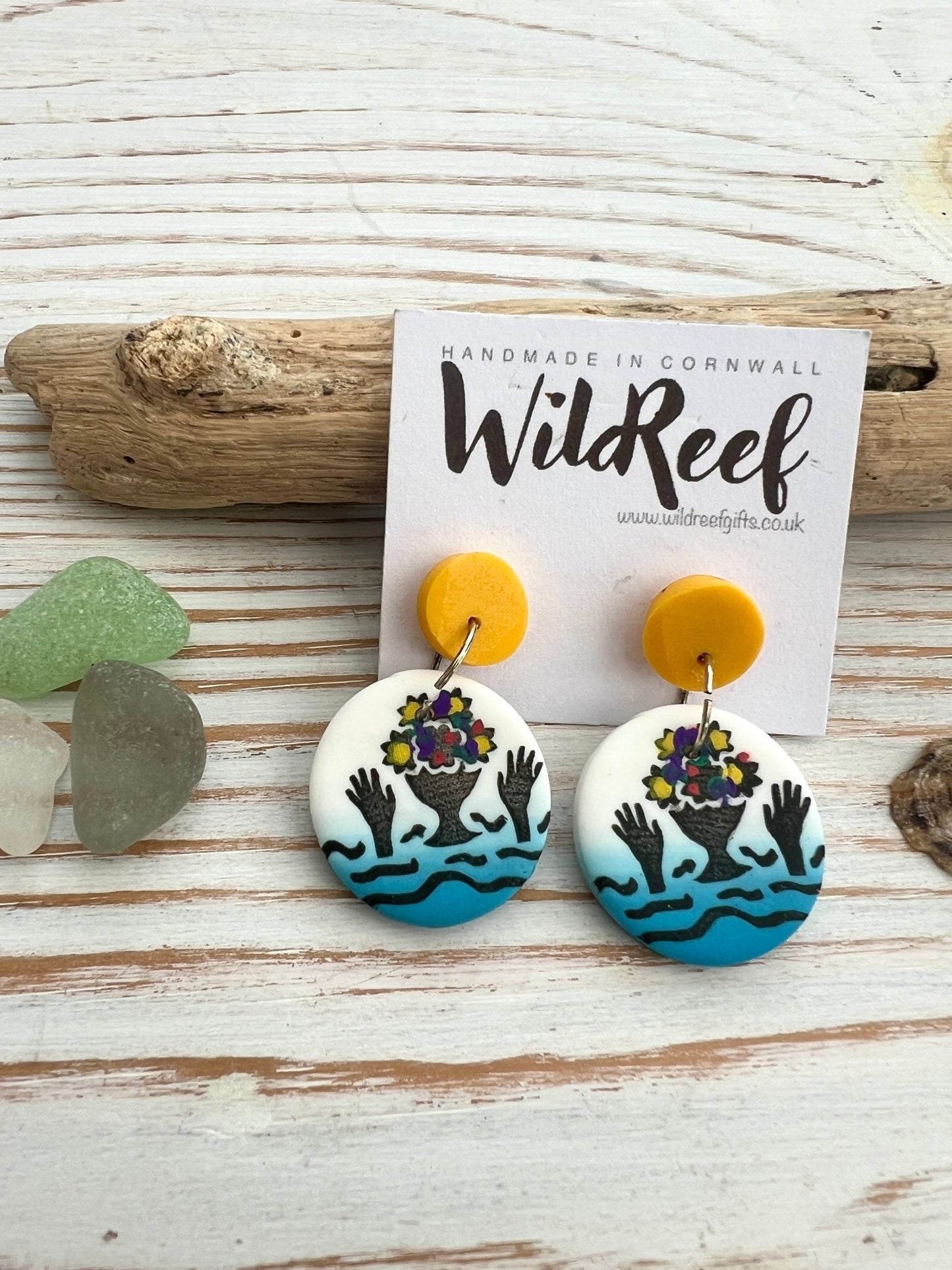 polymer clay sea swimmer earrings yellow stud, artistic drop earrings with colorful bouquet design handmade in Cornwall, wildReef