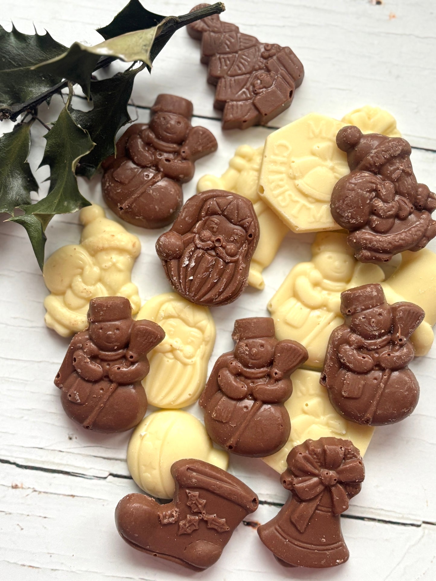 holiday-themed Kernow chocolates in festive shapes, handcrafted in Cornwall with milk & white chocolate mix