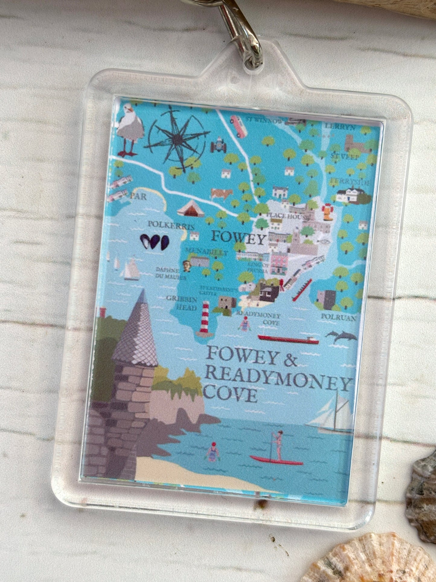 Fowey map keyring—illustrated coastal landmarks, paddleboarding charm, handmade Cornwall souvenir for beach lovers