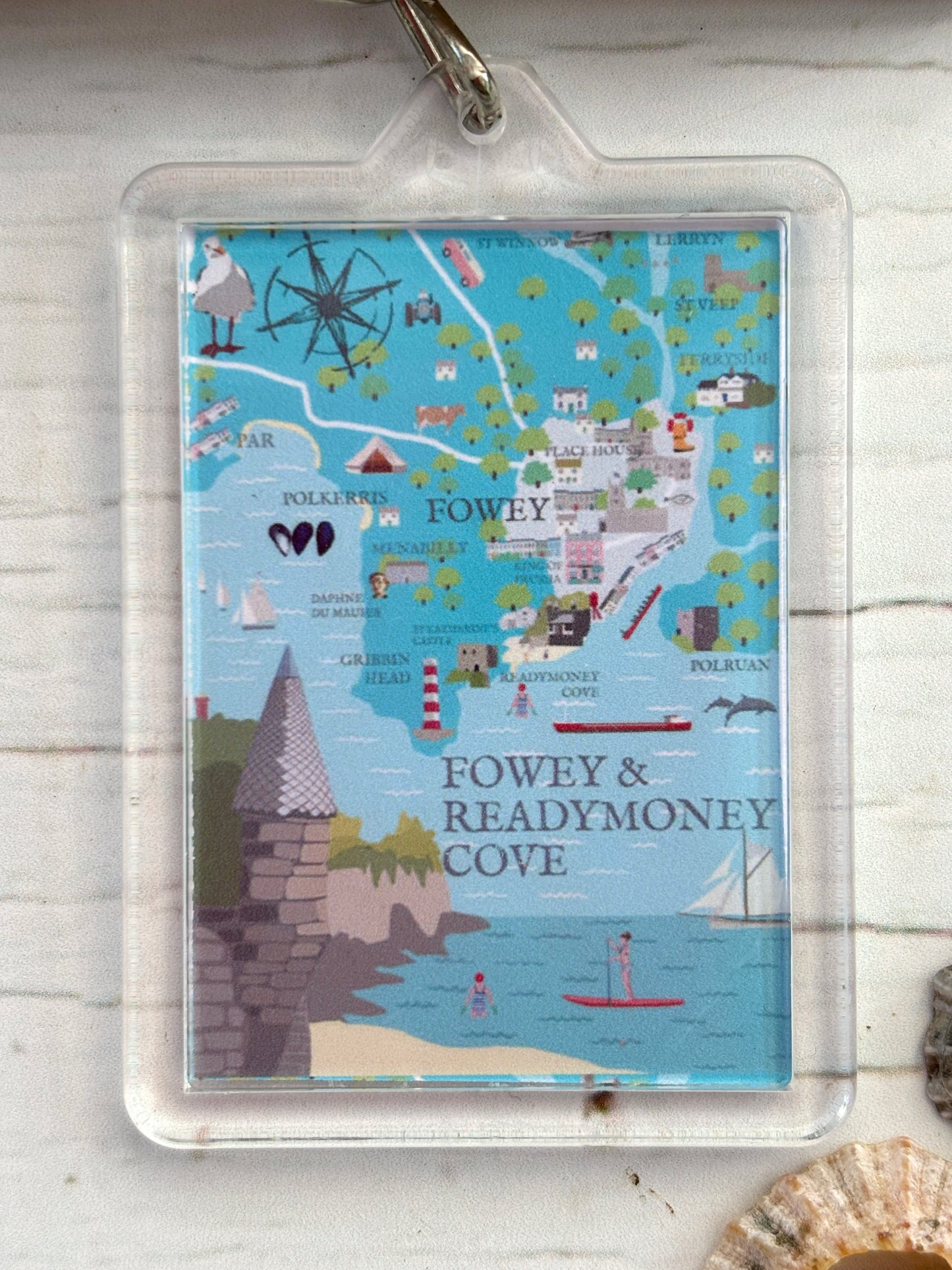 colorful Cornwall keychain with Fowey map, Readymoney Cove, landmarks & coastal charm illustration