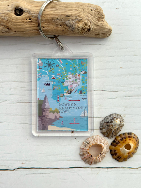 Fowey map keyring—illustrated Cornwall landmarks, coastal charm souvenir with boats, coves, and scenic detail