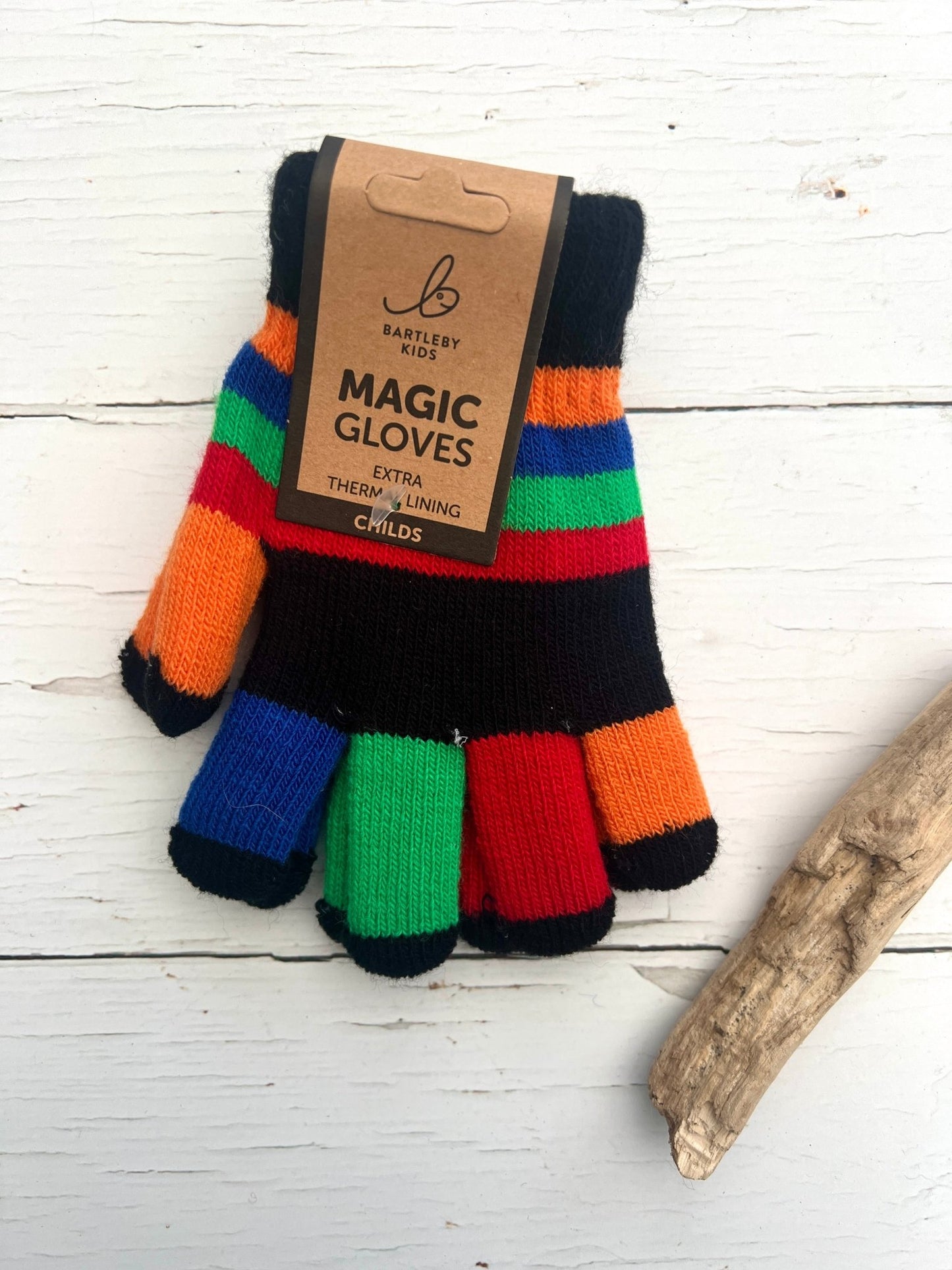 Bartleby Kids’ black striped thermal magic gloves—soft, stretchy, one-size fit for cozy winter adventures