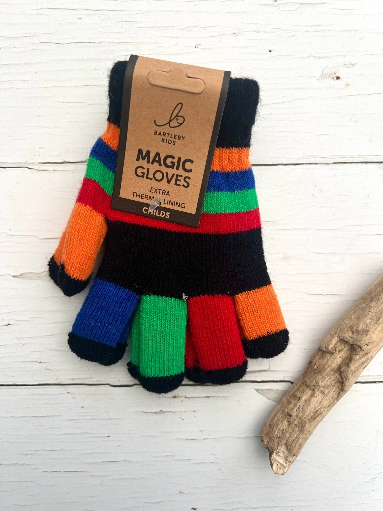 Bartleby Kids’ black striped thermal magic gloves—soft, stretchy, one-size fit for cozy winter adventures