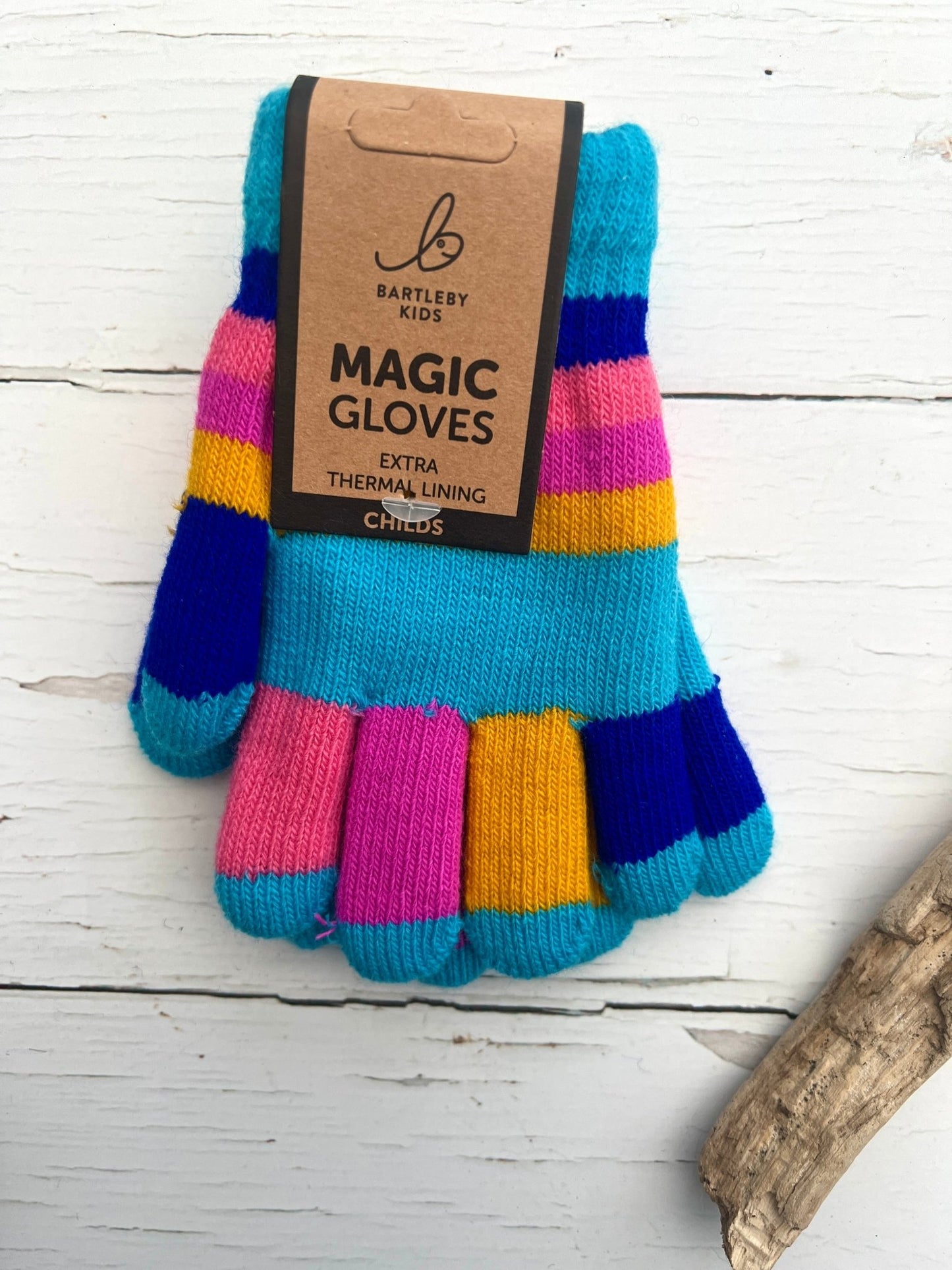 Bartleby Kids’ bright turquoise striped magic gloves—thermal-lined, stretchy, one-size fit for cozy winter fun