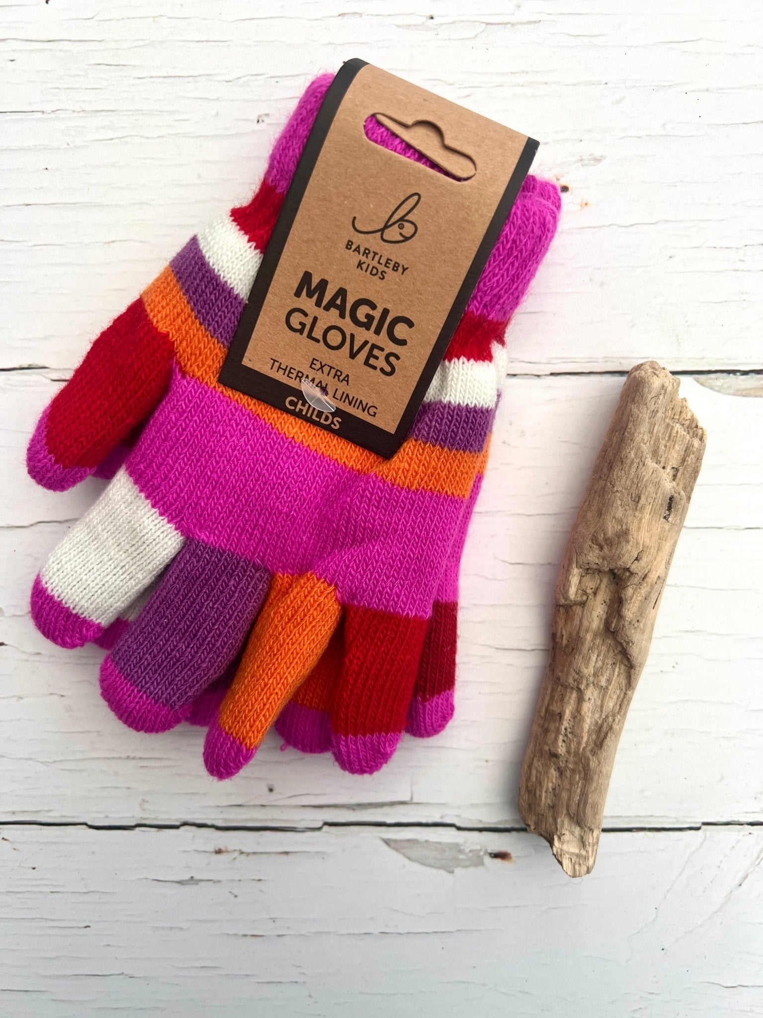 hot pink striped thermal magic gloves for kids—soft, stretchy, one-size fit for cozy winter warmth