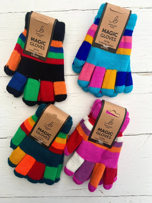 Bartleby Kids’ striped thermal magic gloves—colorful, stretchy, one-size fit for warm winter play
