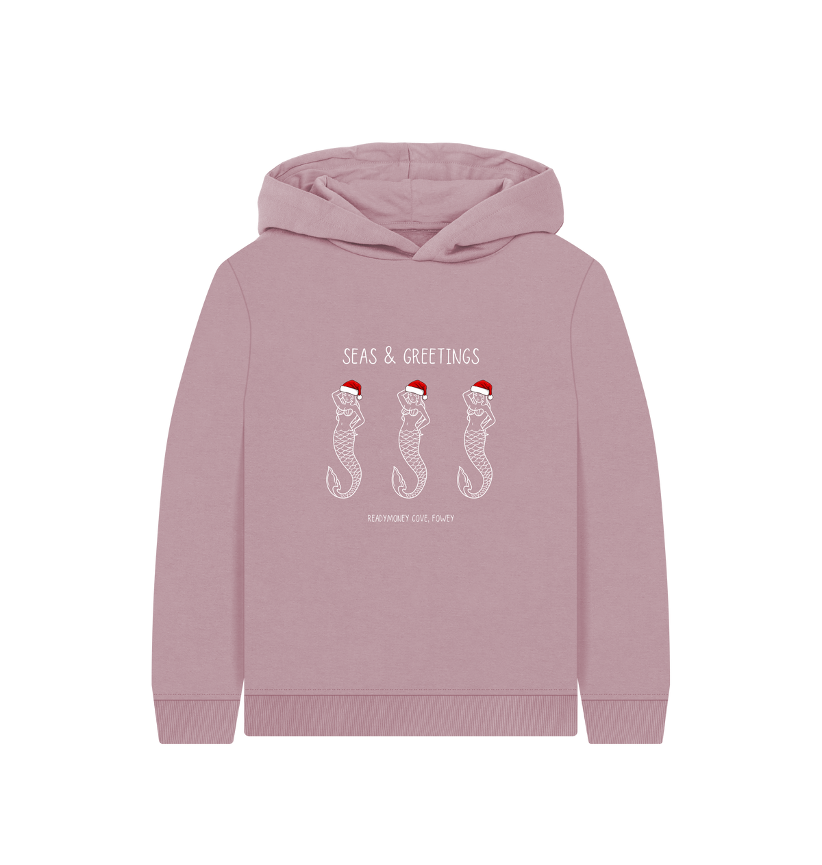 festive kids mauve hoodie featuring three Christmas mermaids in Santa hats—cute, cozy, and perfect for holiday style