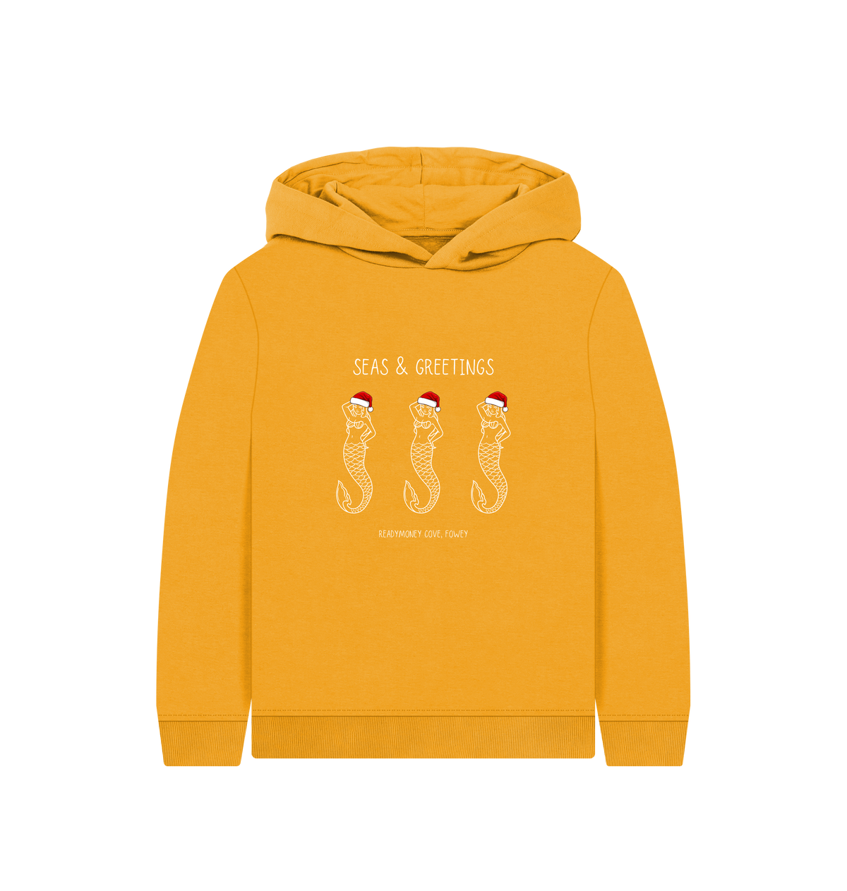 kids mustard Christmas hoodie with festive mermaid trio in Santa hats—cozy, fun, and perfect for holiday outfits
