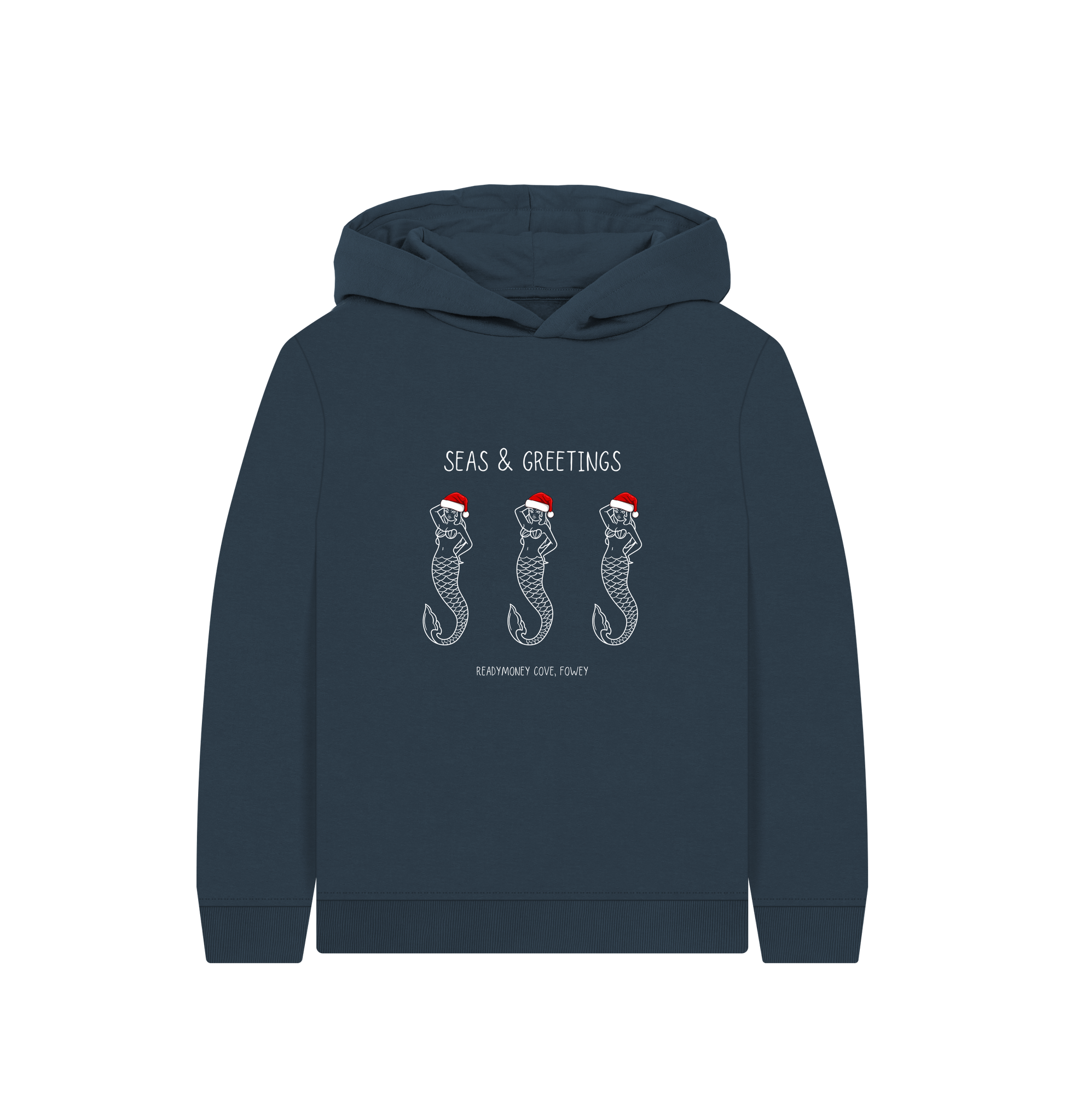 kids navy Christmas mermaid hoodie with “Seas & Greetings” print, Santa hats, cosy festive sweatshirt, coastal holiday gift