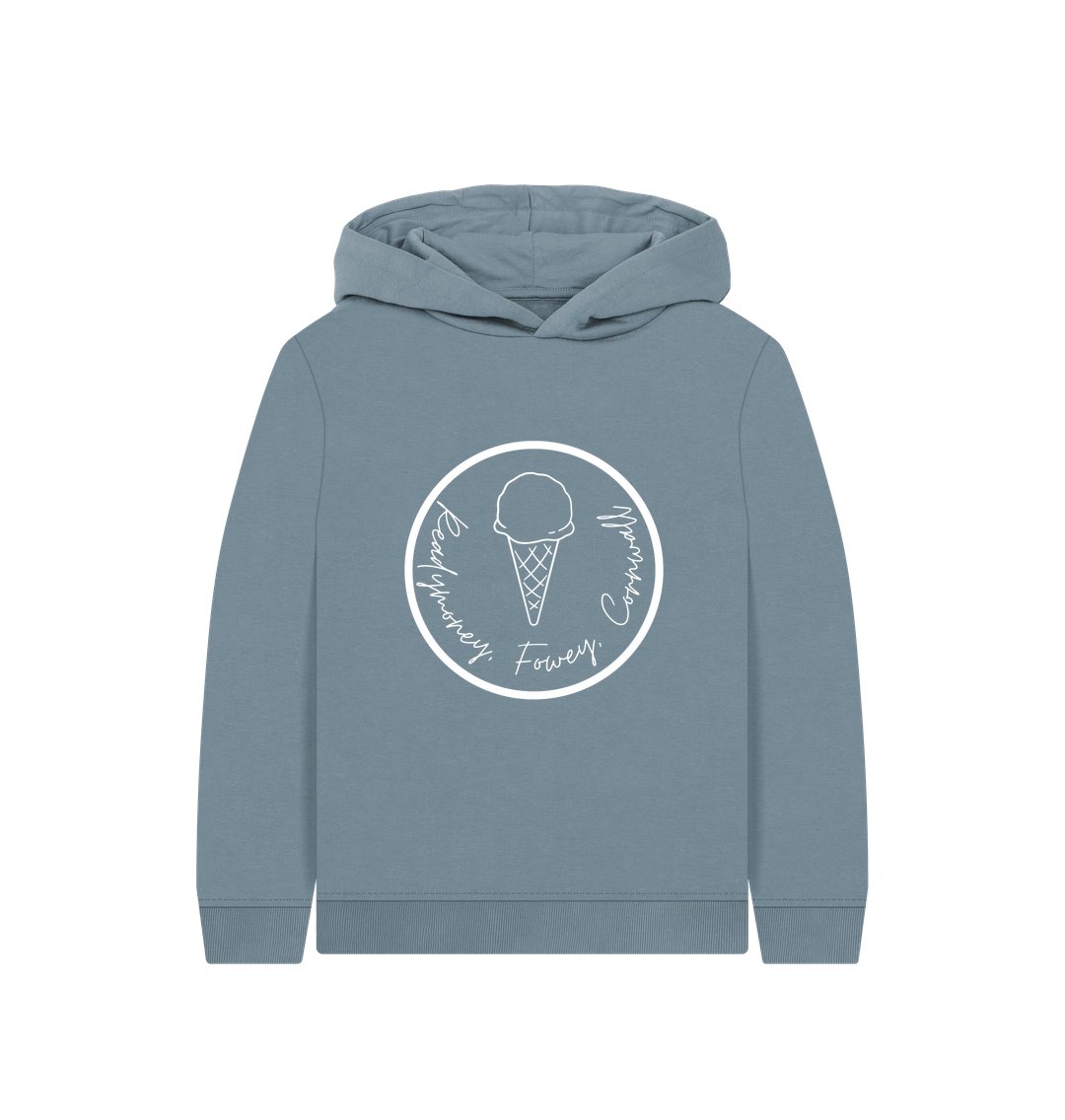 kids’ blue hoodie with Readymoney Cove ice cream print—soft, playful, and perfect for Cornwall-inspired adventures