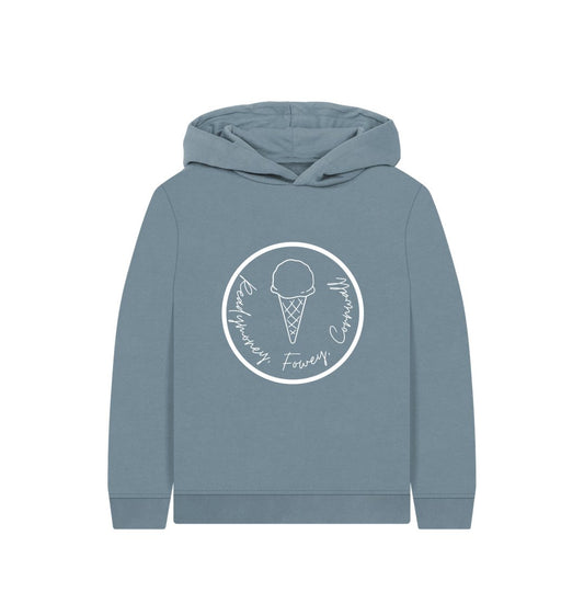 kids’ blue hoodie with Readymoney Cove ice cream print—soft, playful, and perfect for Cornwall-inspired adventures