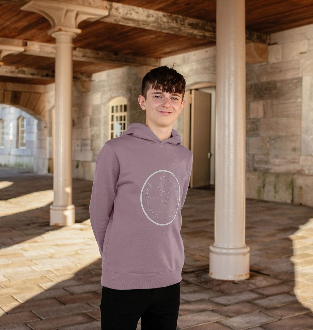 kids’ mauve hoodie with Readymoney Cove ice cream print—stylish, soft, and perfect for playful coastal adventures