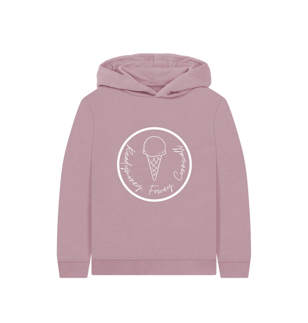 mauve kids’ hoodie with Readymoney Cove ice cream graphic—cozy, coastal, and perfect for playful Cornwall days