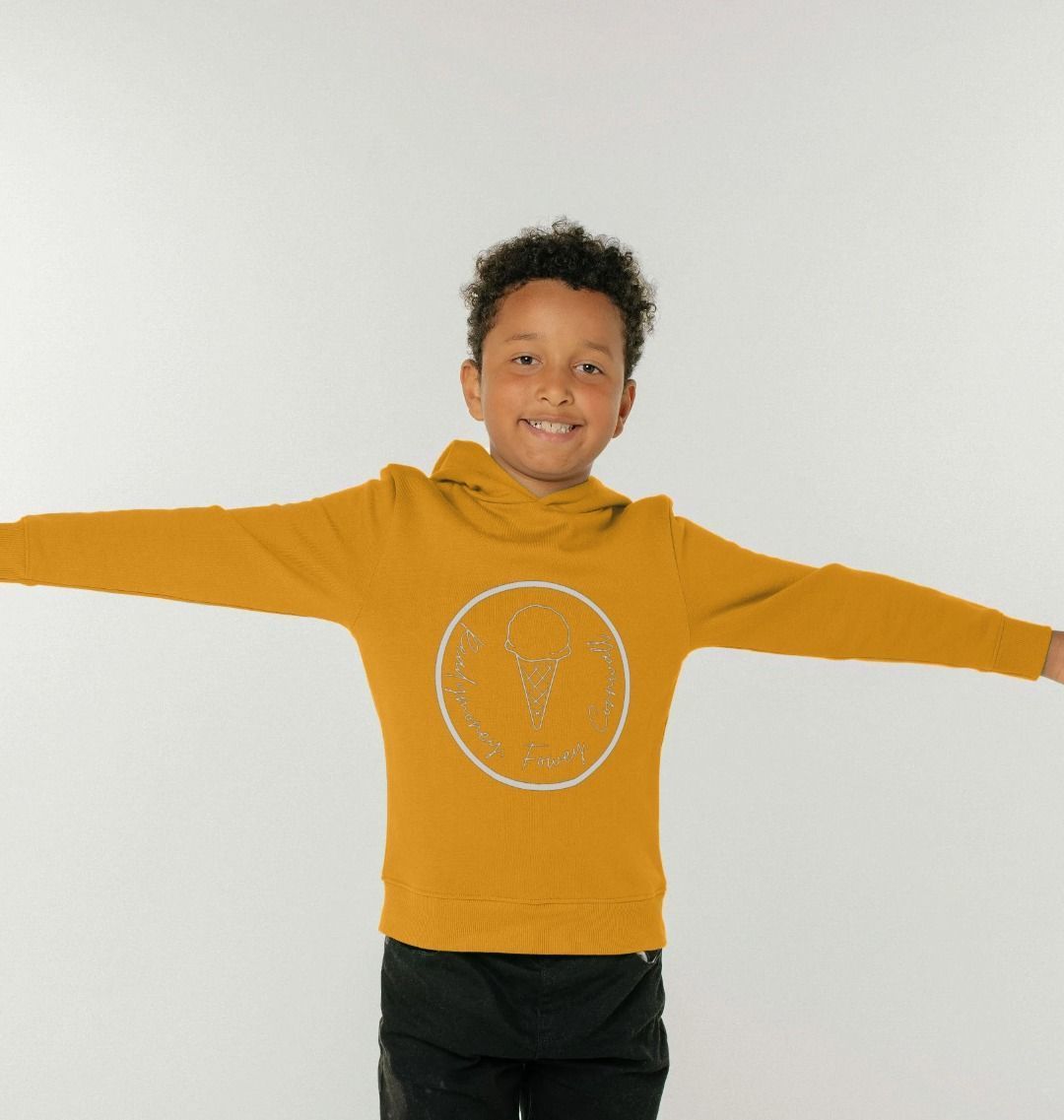 kids’ mustard hoodie with “Everybody’s Fancy Ice Cream” print—soft, playful, and perfect for coastal adventures