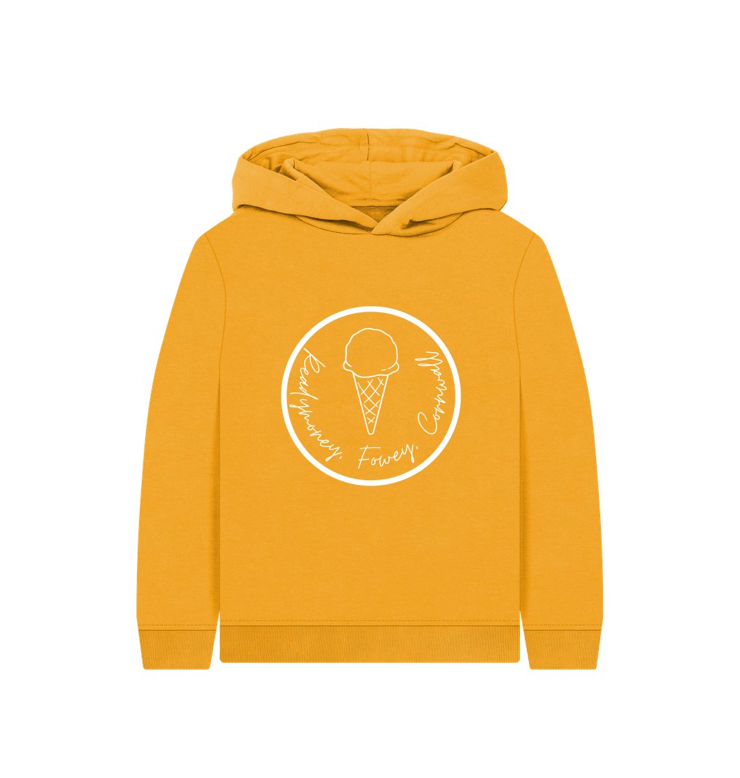 kids’ mustard hoodie with Readymoney Cove ice cream logo—warm, fun, and perfect for seaside strolls or cozy days in