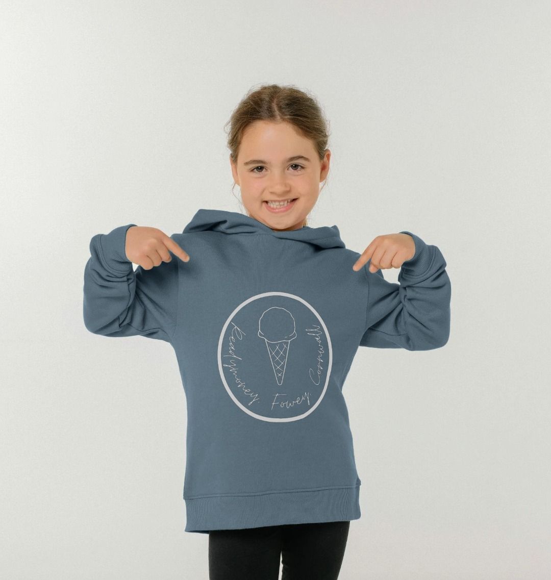stone blue kids’ hoodie with Readymoney Cove ice cream graphic—cozy, coastal, and perfect for everyday play.