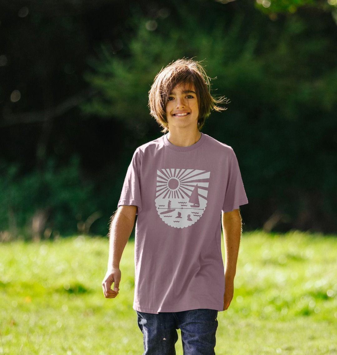 mauve kids’ tee with Readymoney Cove beach print—airy, soft, and perfect for nature-loving little explorers