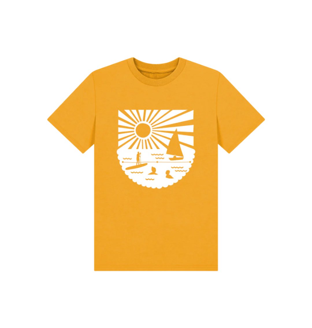 mustard kids’ tee with Readymoney Cove beach scene—lightweight, playful, and perfect for sunny seaside days