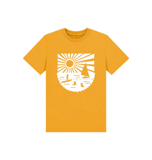 mustard kids’ tee with Readymoney Cove beach scene—lightweight, playful, and perfect for sunny seaside days