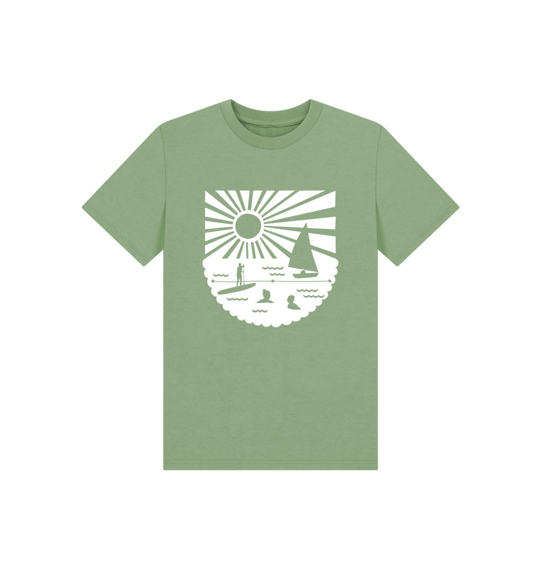 sage green kids’ tee with Readymoney Cove beach print—easygoing, breathable, and perfect for summer fun