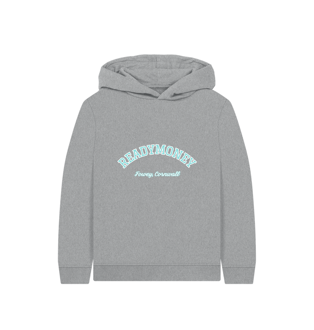 kids varsity hoodie athletic grey organic cotton sweatshirt with READEYMONEY Fowey, Cornwall text sustainable coastal kids wear