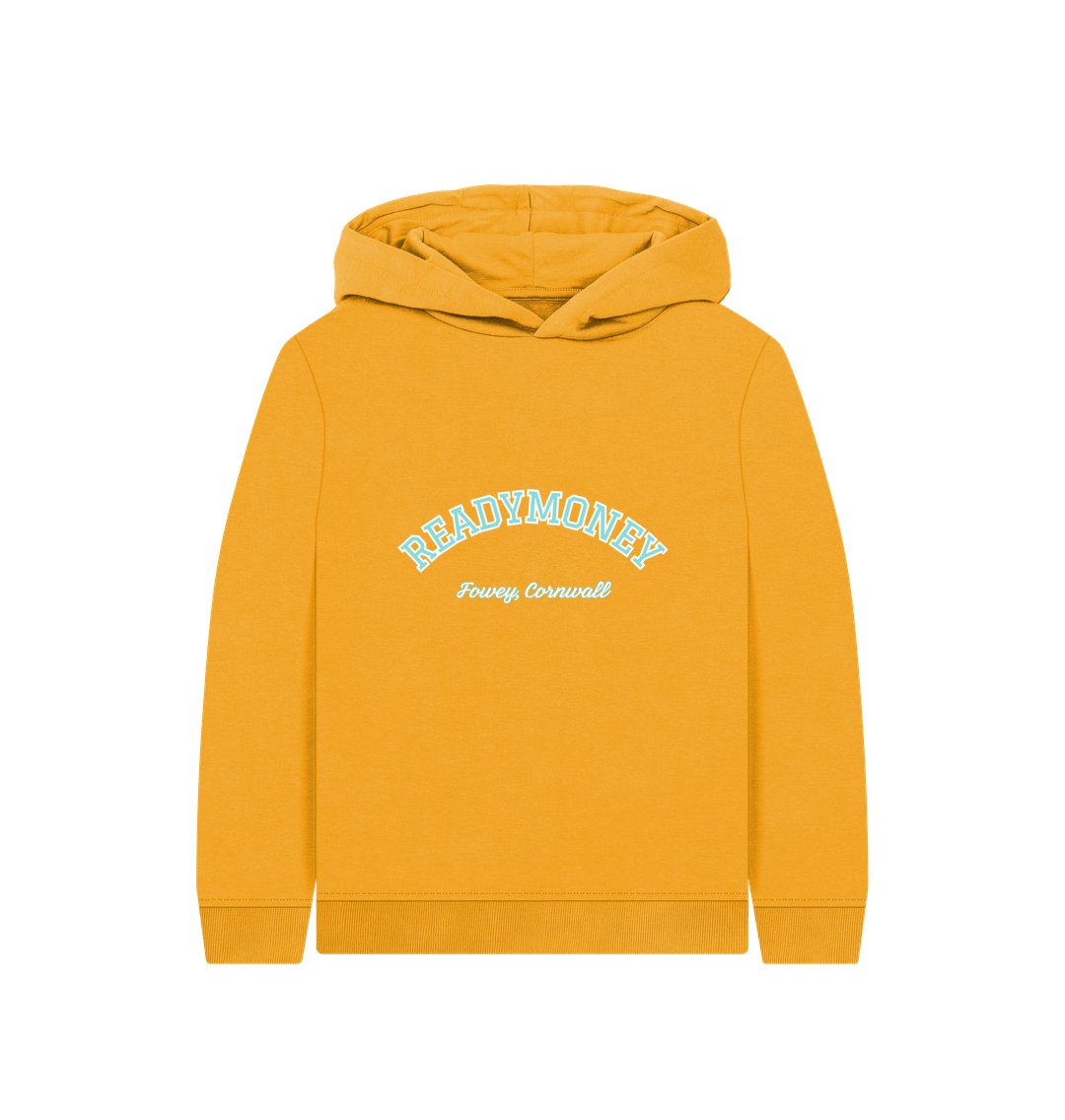 kids organic varsity hoodie mustard yellow cotton hoodie with READEYMONEY Fowey, Cornwall text sustainable kids clothing, coastal souvenir sweatshirt