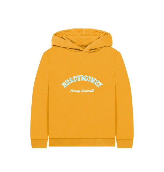 kids organic varsity hoodie mustard yellow cotton hoodie with READEYMONEY Fowey, Cornwall text sustainable kids clothing, coastal souvenir sweatshirt