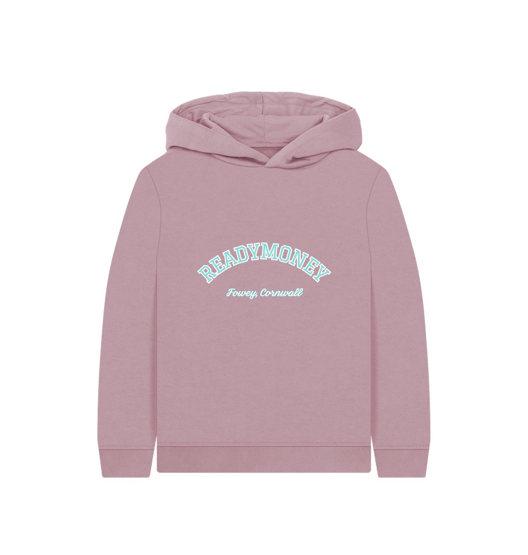 kids’ mauve varsity hoodie in organic cotton with Readymoney Fowey print—soft, stylish, and coastal-inspired