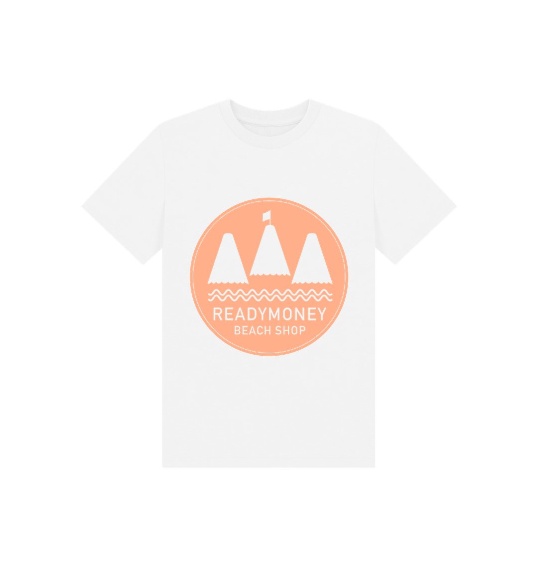 kids’ white organic cotton tee with blush pink Readymoney Beach Shop print—soft, breezy, and seaside-ready