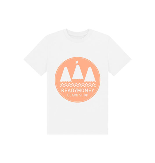 kids’ white organic cotton tee with blush pink Readymoney Beach Shop print—soft, breezy, and seaside-ready