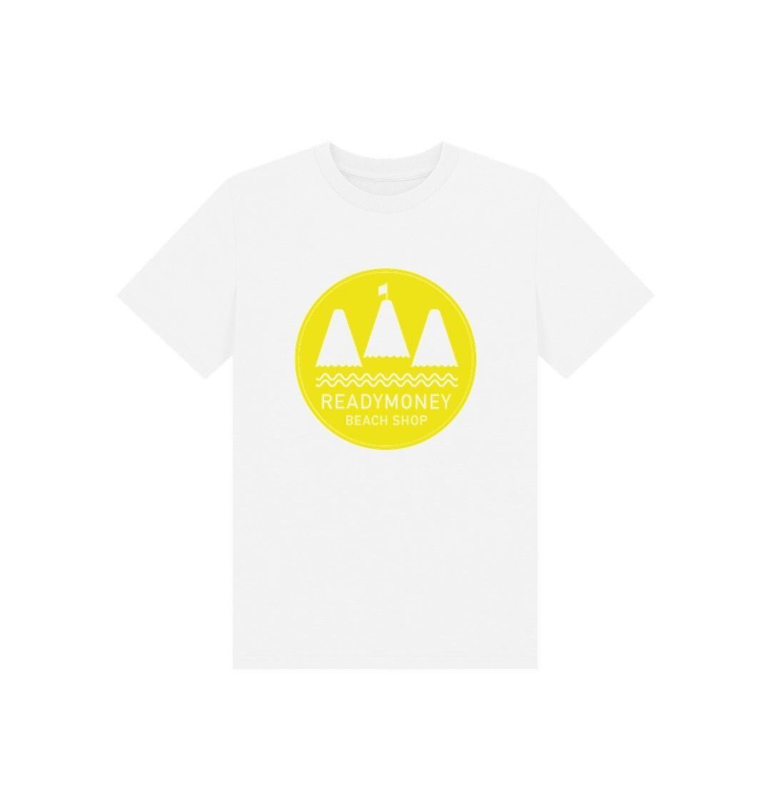 kids’ white organic cotton tee with Readymoney Beach Shop print—soft, eco-friendly, and perfect for summer