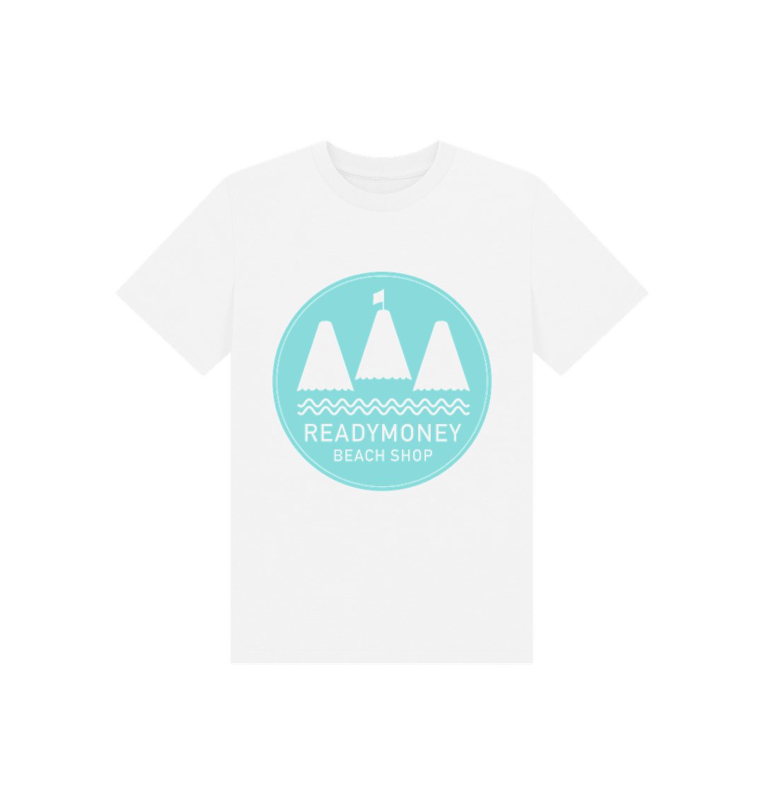 kids’ white organic cotton tee with turquoise Beach Shop logo—lightweight, coastal, and perfect for sunny adventures