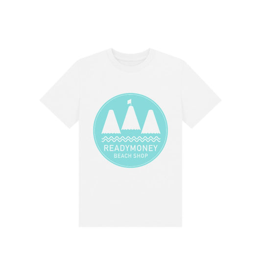 kids’ white organic cotton tee with turquoise Beach Shop logo—lightweight, coastal, and perfect for sunny adventures