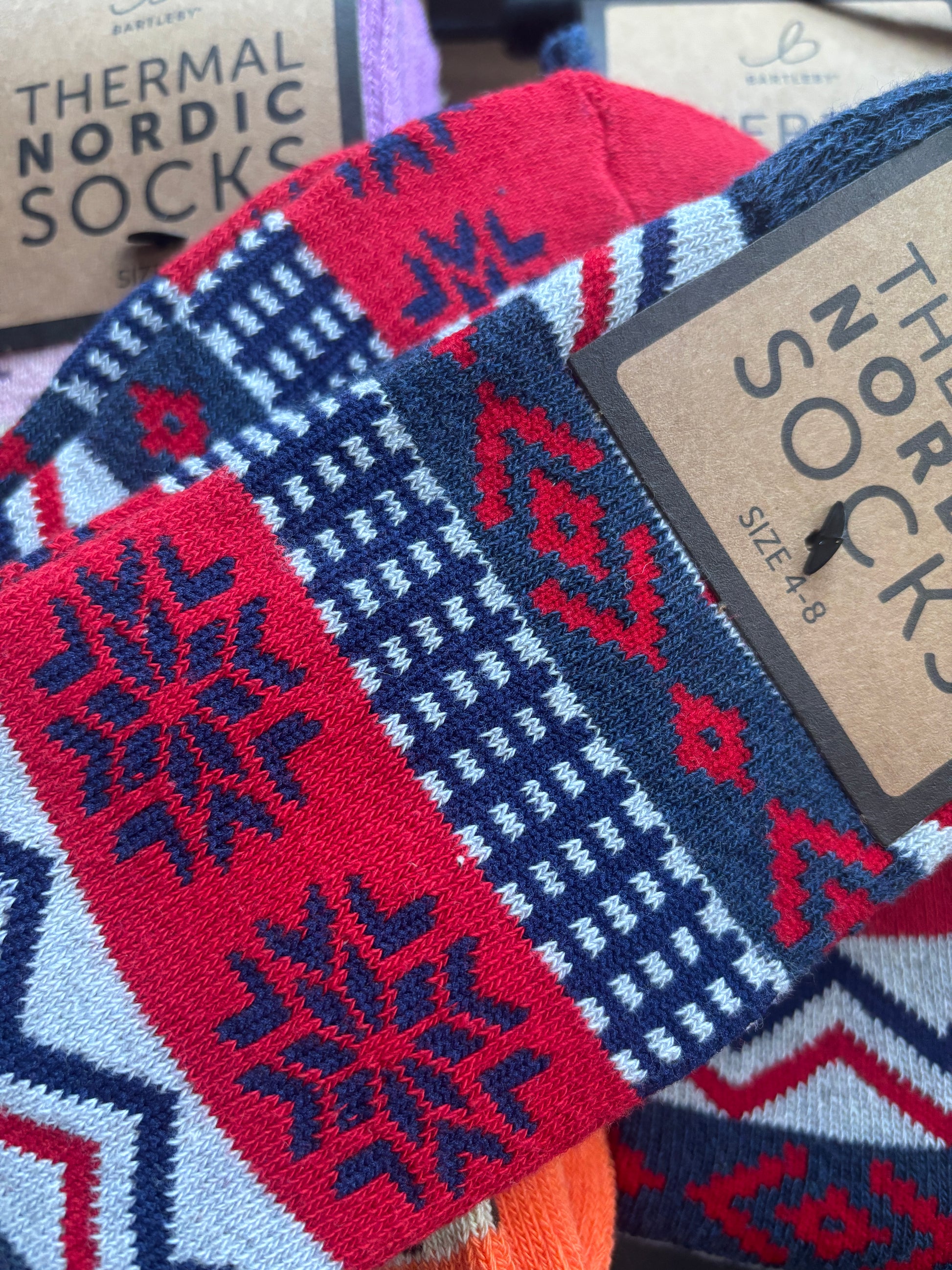 ladies’ thermal Nordic socks in blue, red, and grey—wool-rich, patterned, and built for stylish winter insulation