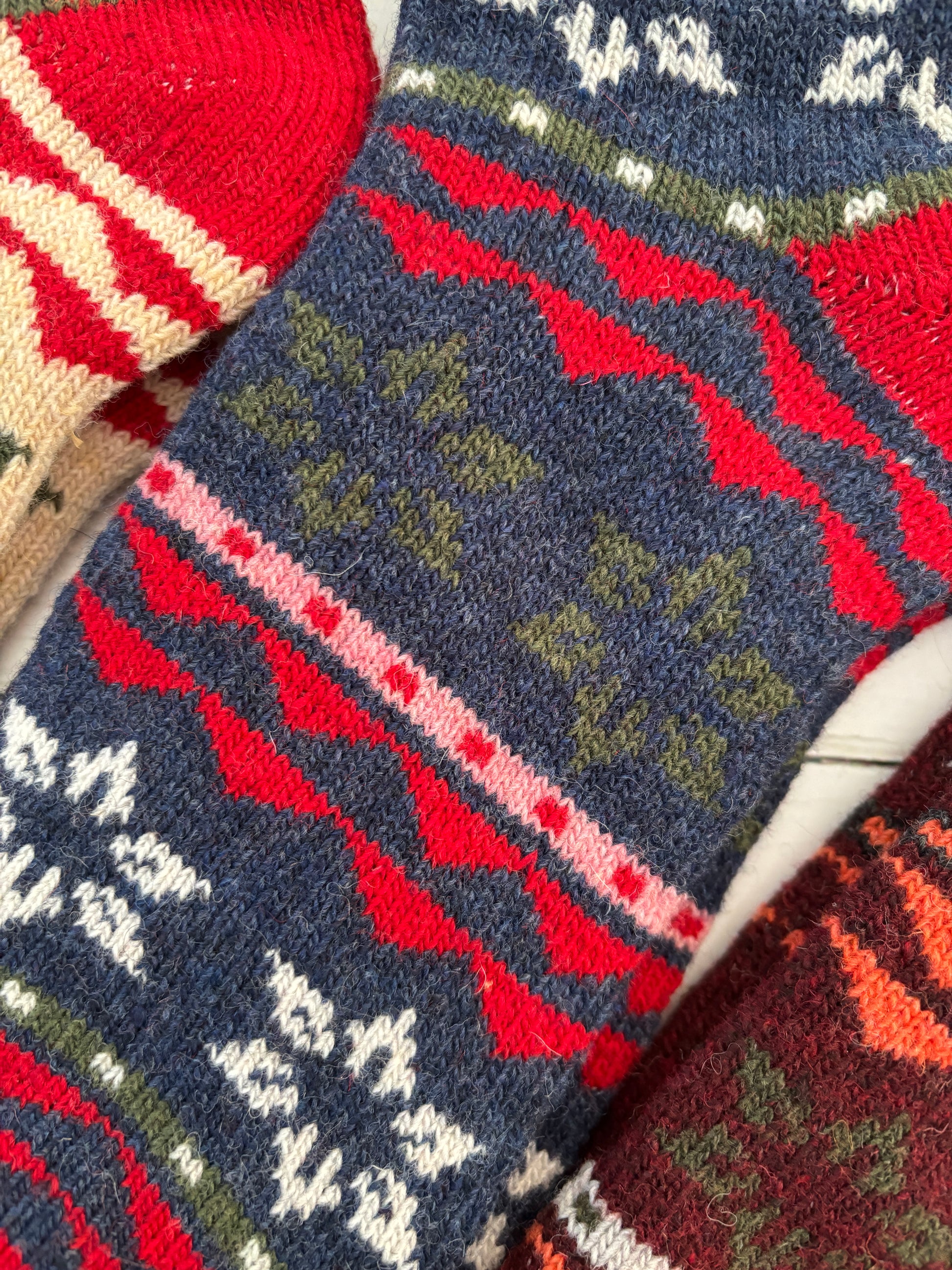 blue and red ladies’ Nordic thermal socks with wool—stylish, insulating, and ideal for festive winter warmth
