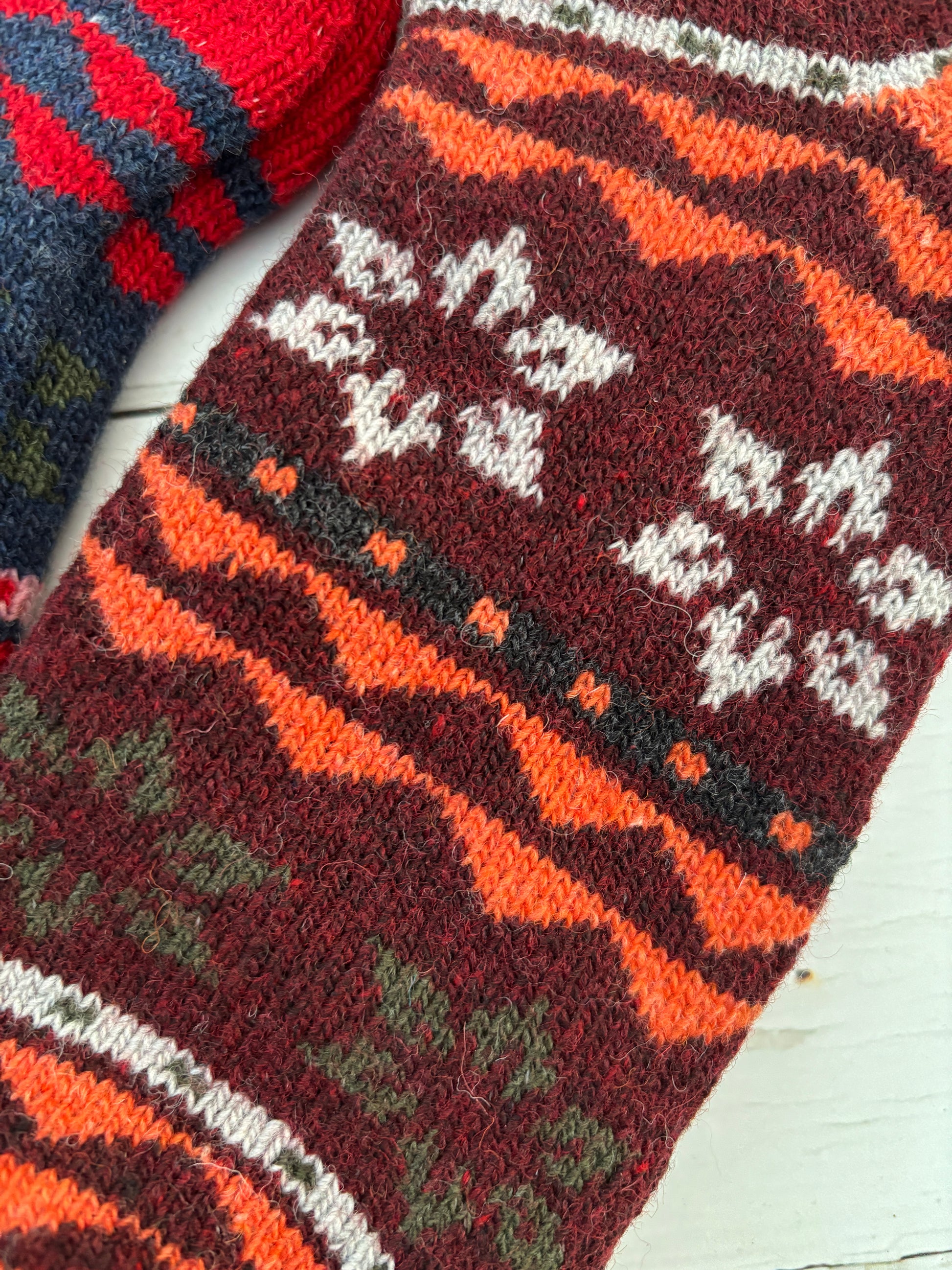 burgundy and orange ladies’ thermal Nordic socks with wool—festive, ultra-warm, and perfect for cozy winter wear