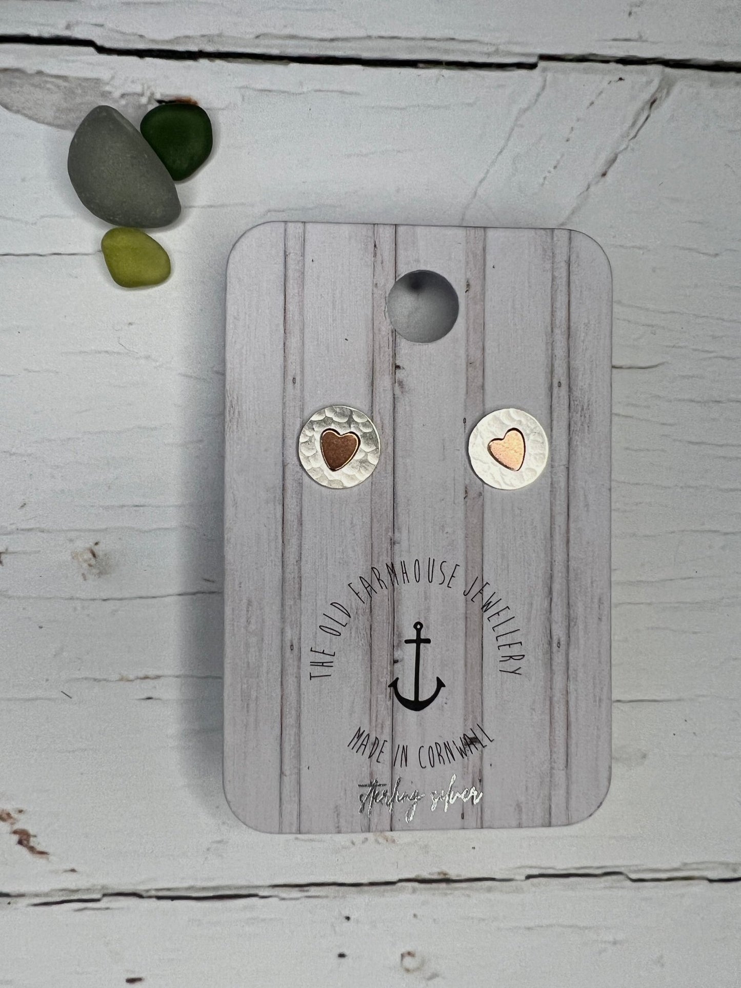 layered hammered silver & copper stud Earrings star, disc, square - Readymoney Beach Shophammered silver disc studs with copper heart—handmade in Cornwall, rustic-chic and perfect for heartfelt gifting